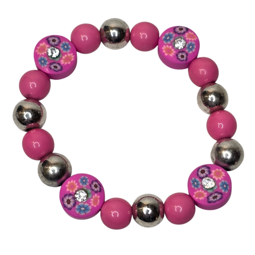 Bright Pink & Silver Beaded Little Girls Fashion Jewelry Kids Size Bracelet
